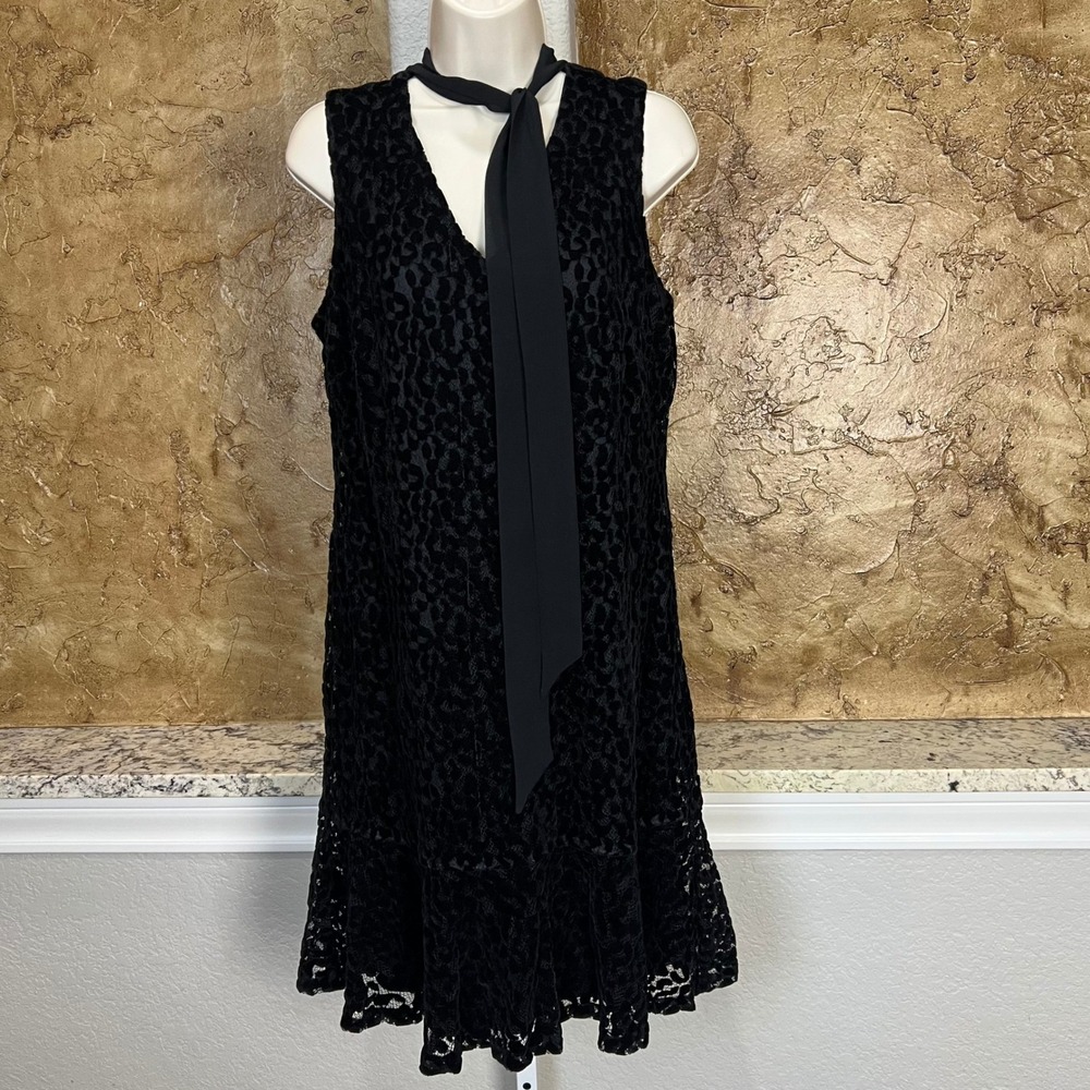 Karl Lagerfeld Paris Velvet Burnout Shift Dress Sz 12 Black Tie Neck Sleeveless - Picture 2 of 11